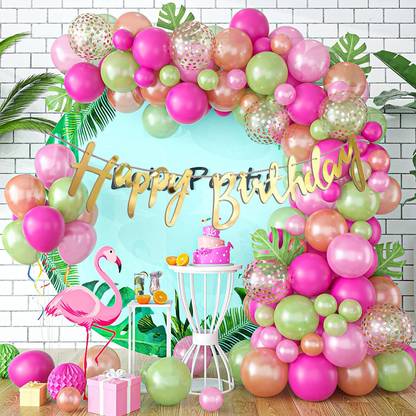 R G ACCESSORIES Green Pink Balloons, Happy Birthday Banner Decoration Arch Kit Pack Of 100