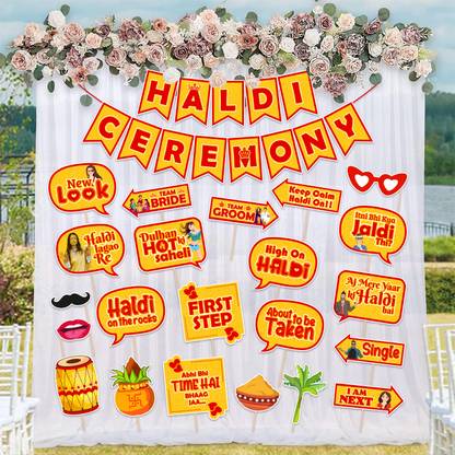 ZYOZI Haldi Ceremony Decoration Kit- Banner, Photo Booth & Net Curtains (Pack of 23)