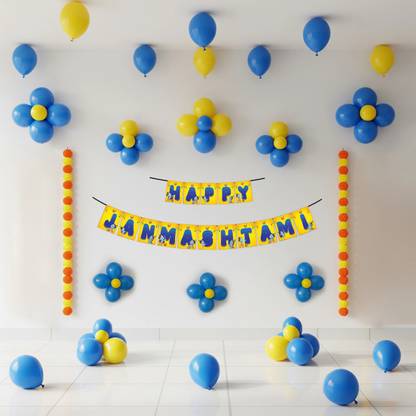 1iAM Happy Janmashtami Decoration Set of 54|1 Banner|2 Artificial Mari Gold|Balloons