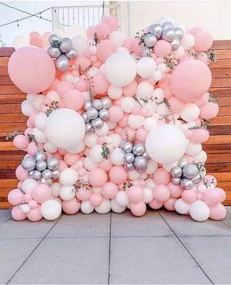 Prihit Premium decoration Silver Pink white color Small and big balloons pack of 165