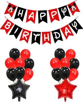 R G ACCESSORIES Black And Red Balloons, Mickey Mouse Theme Birthday Decoration Kit Pack Of 30