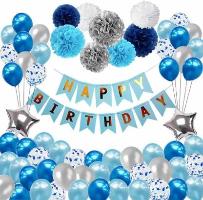 Party Propz Birthday Decorations Kit Combo - 61pcs Happy Birthday Decoration Kit Blue Banner, Balloon, Metallic, Confetti, Crown Foil And Glitter Cake Topper For Boys, Husband, Adult, 30th 40th 50th 60th Party