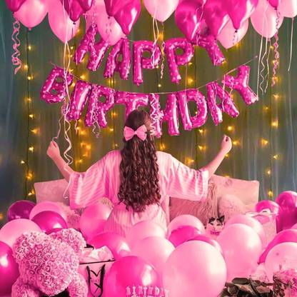 Lazer Girls Happy Birthday Letter Foil Metallic Balloons Decorations Kit Combo- 54Pcs for Girl Kids Baby First Bday Decoration Items / Wife Women Celebration / Led Fairy Light Theme Pink