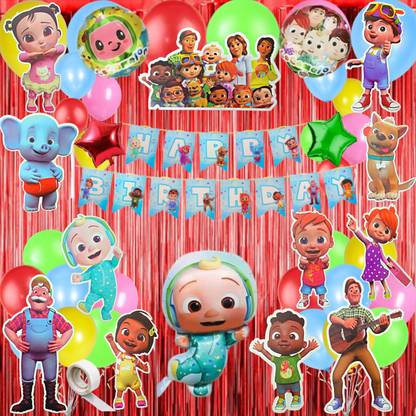 FLICK IN Cocomelon Theme Birthday Decoration Red Curtain Banner Props Cake Topper Cutouts