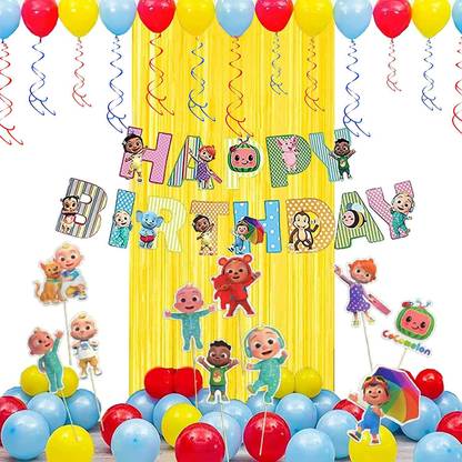 TOYXE Cocomelon Theme Happy Birthday Banner swirl Props Backdrop Curtain and Balloons