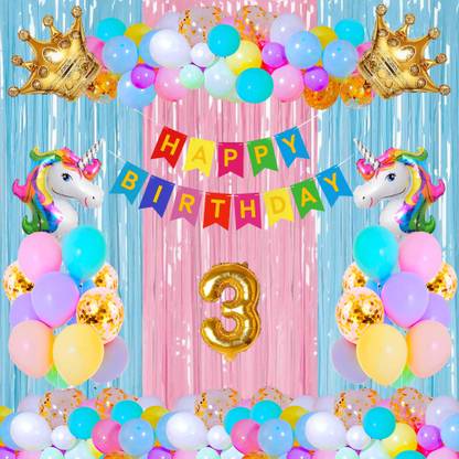 Crazykart Unicorn Crown Third 3rd Happy Birthday Decoration Kit Pack For Party Items