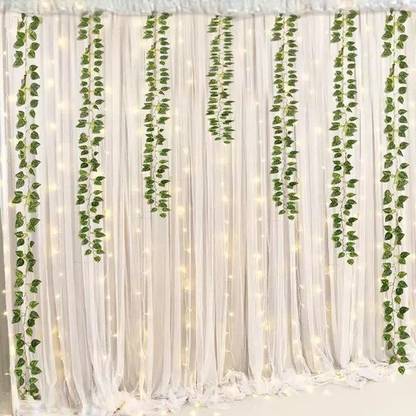 Fun and Flex White Backdrop Net With Artificial Leaves and Light for Wall Decoration