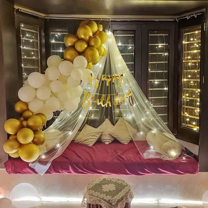 specialyou.in Happy Birthday DIY decoration with white net curtain LED light/ fairy lights