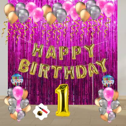 Party Station Happy Birthday Pink Decoration Kit Combo - 65pcs for 1st Birthday Decor