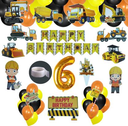 FLICK IN 57 pcs JCB Construction Theme Happy Birthday Decoration Set for 6th Birthday