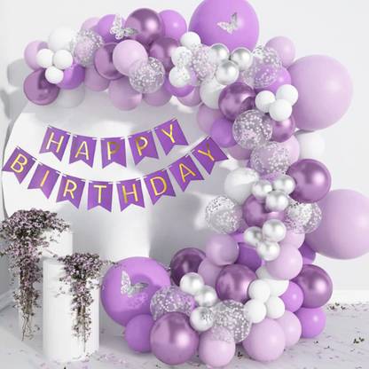 1iAM Birthday decoration combo with Purple,White,Golden,Silver balloons and banner