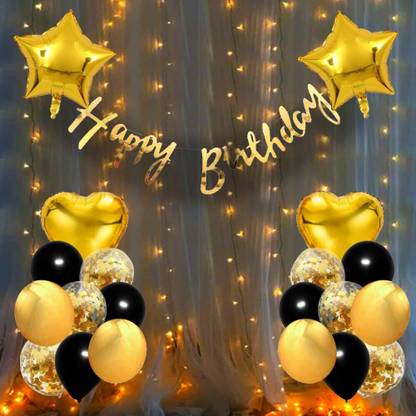 Rozi Decoration Happy Birthday decoration kit with Cursive Banner, Confetti Balloons, Star Foil Balloons- 20 Pcs