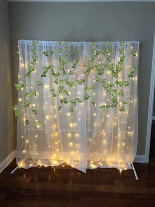 Fun and Flex White net Curtain Cloth Backdrop Combo with Green Leaves for Wall Decorations
