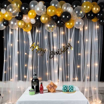 SKYWINS Black And Gold Balloon Decoration Combo Kit With White Net Curtain and Light