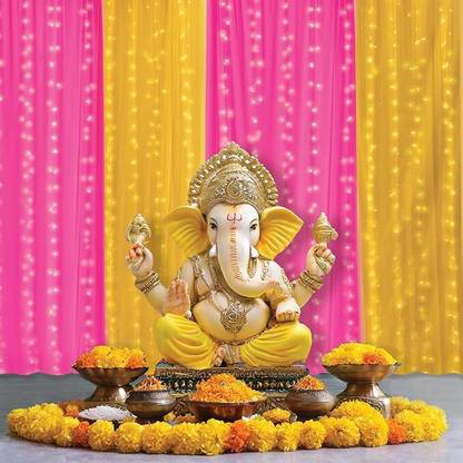 Fun and Flex Ganpati Pooja Decoration Items with Pink/Yellow Net Curtain and Led Light
