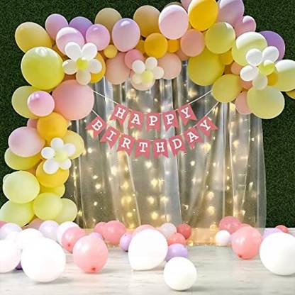 Fun and Flex Pink,Peach and Yellow Pastel Birthday Decoration with White Net and Led Light