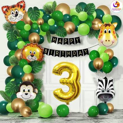 ZAMBOOREE Happy Birthday Decoration Kit Jungle Theme Happy Birthday 3 Year Decoration kit