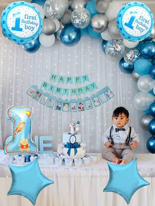 Aoes First Birthday Banner Balloon Decoration Combo Kit For Boys Blue