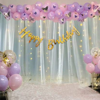 PARTY MIDLINKERZ Butterfly Theme Purple Birthday Decoration item kit combo 81 Pcs Led Net Curtain