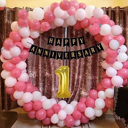 AAKRISH 1st Pink White Anniversary Set-30 Pink,30 White Balloon,1 Number Foil,1 Arch