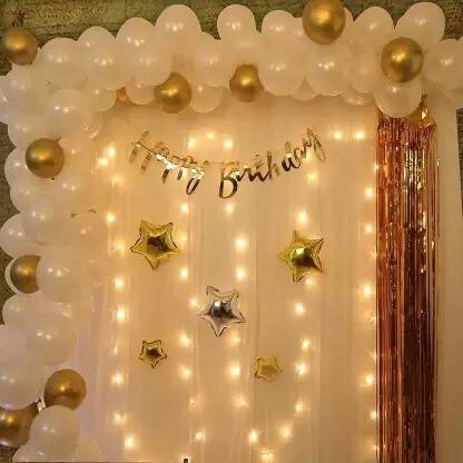 SKYWINS Gold and White Balloon decoration kit with white net and led light & Free Pump