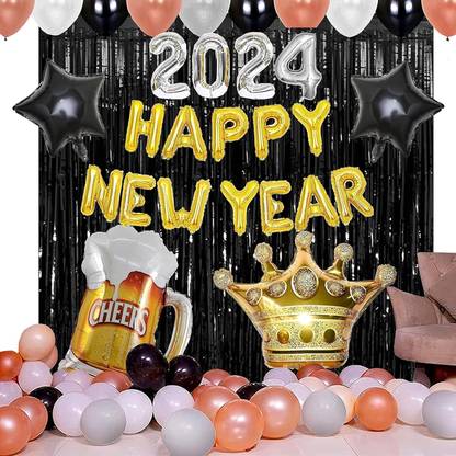 party assets Happy New Year 2024 Cheer Mug Crown Star Foil Balloons
