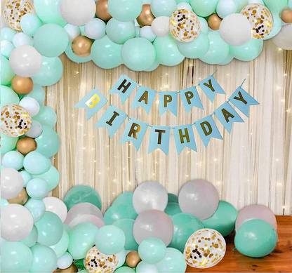 party assets Happy Birthday Mint Green BalloonsNet Curtain LED Light Back Drop Decoration Set