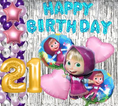 Magic Window Masha Bear Blu 100 Pc Birthday Decoration Kit Gold No.21 Foil Balloon Boys Girls