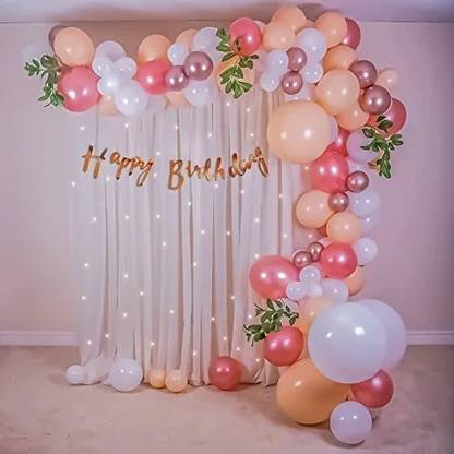 Fun and Flex Rose Gold Theme Birthday Decoration kit with White Net curtain and Led Light