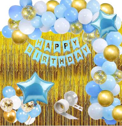 GAELICX Happy Birthday Lite Blue White Golden Decoration Kit etc.