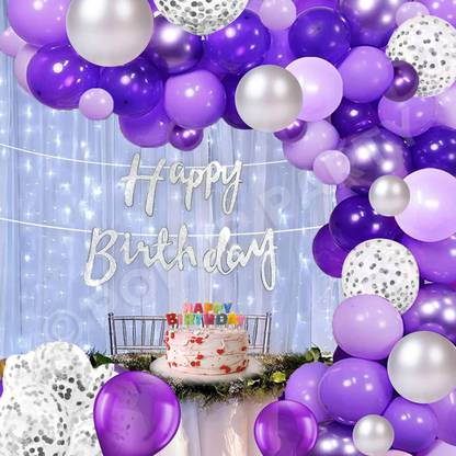 Zebra finch Silver and durk Purple Birthday Decoration Kit Combo with Net Curtain and light.
