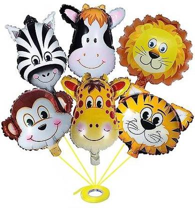 groovy dudz Printed Jungle Theme Balloons Animal Face Foil Balloon pack of 6 Balloon