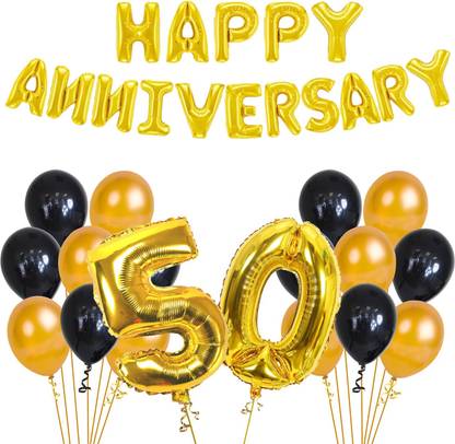 Party Propz 50th Wedding Anniversary Decoration Items - Happy 50th Anniversary Decoration Kit, 43Pcs Anniversary Decoration Items Combo with No.5 & No.0 Foil Balloon, Golden/Black Metallic Happy Anniversary Balloons