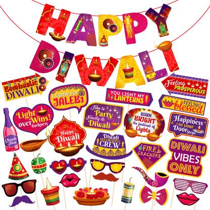 ZYOZI 31 Pieces Happy Diwali Party Photo Booth Props and Banner for Photoshoot Diwali