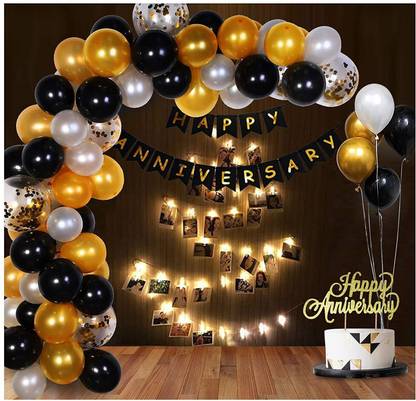 Lazer Happy Anniversary Decoration Items with LED Photo Banner, Cake Topper, Balloons,, Glue Dot 67Pcs Set for 1st, 25th 5Th,Party Room Decoration Combo Set/Couple Wedding, marriage celebration