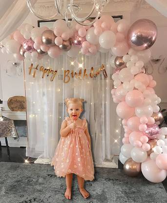 Fun and Flex Rose Gold and Pink Birthday Decorations Kit with White Net Curtain and Led Light