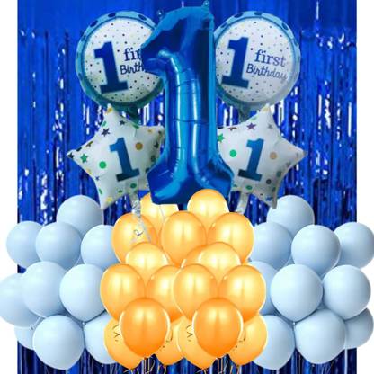 B4 1st Birthday Boy Decoration Kit +50 Pastel Blue,Gold Balloon 2 Blue Curtain