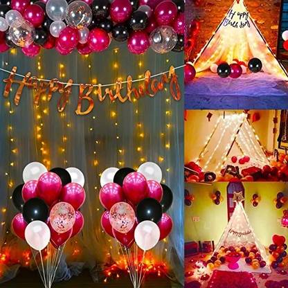 Fun and Flex Burgundy Birthday Decoration Items Combo with White Net curtain and Led Light