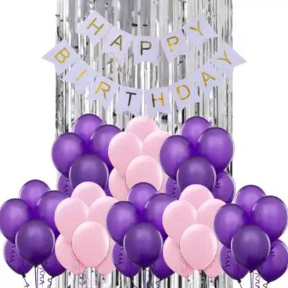 Acril White Happy Birthday Banner, 30 Purple, Baby Pink Balloons 1 Silver Curtain