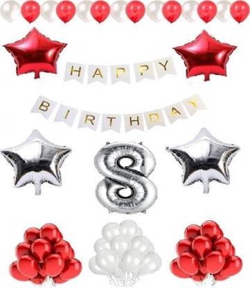 Jolly Party Premium Quality Happy Birthday Set for 8th Birthday (Red & Silver)