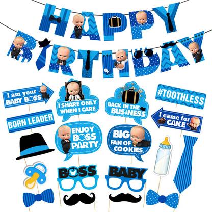 ZYOZI Baby Boss Party Supplies, Boss Baby Birthday Party Decorations for Boys with Happy Birthday Banner Photobooth Props (Pack of 19)
