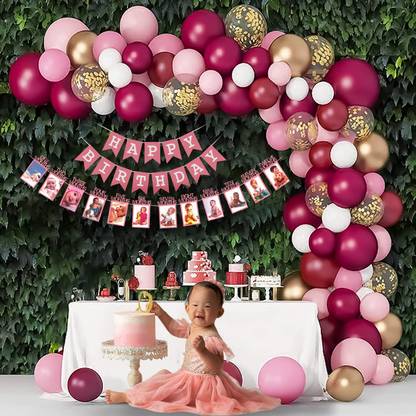 Fun and Flex 64 Pcs Burgundy Pink Balloons 1st birthday decoration with monthly Photo banner