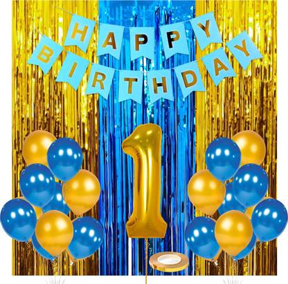 Prihit Birthday Decoration kit for 1st Birthday Boys- 36Pcs with Foil Curtain