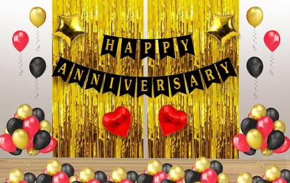 Realistic Store Solid Happy Anniversary Black Banner 2 Pcs Golden Curtain 4 Pcs Heart & Star Foil with 40 HD Metallic Balloons for Party Decorations Kit Balloon