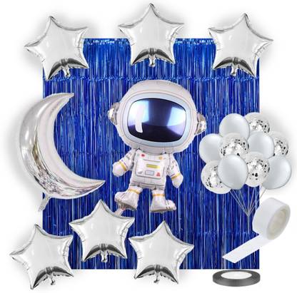 Rozi Decoration Astronaut Theme Blue Star Foil & Moon Foil Birthday Balloons Decoration Kit Combo - 50 Pcs