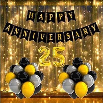 Fun and Flex No. 25 Gold Foil Balloons with Happy Anniversary Decoration Items or Kit