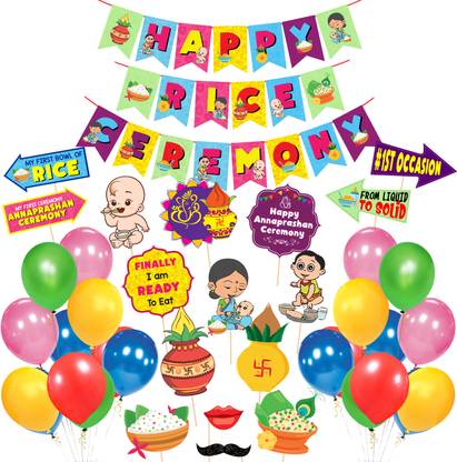 ZYOZI 1 Set Happy Rice Ceremony Banner With 16 Pcs Annaprashan Photo Booth and Balloon