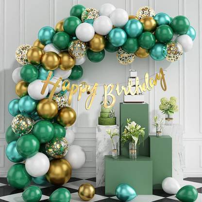 1iAM Birthday/Green theme birthday decoration with Green-White-Golden balloons