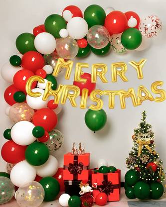 R G ACCESSORIES Solid Merry Christmas Theme Decoration Red Green White Balloons Pack of 54 Balloon
