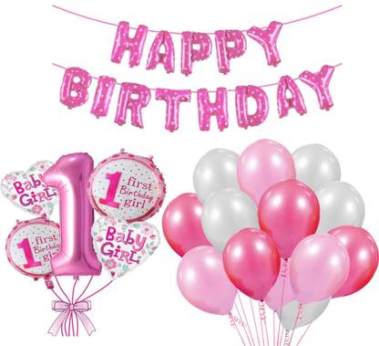 Prihit 1st Birthday Girl Theme Foil Balloon Set With Happy Birthday Balloons